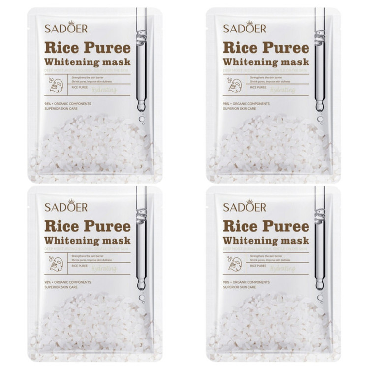 ماسک ورقهای صورت سادور مدل Rice Puree آبرسان، درخشان کننده، کوچک کننده منافذ باز پوست، جوان کننده، لایهبردار، روشن کننده، ضد چروک، محکم کننده، نرمکننده، مغذی، مرطوبکننده، محافظتکننده بدون الکل، حاوی ویتامین E و B6، مناسب انواع پوست بسته 4 عددی