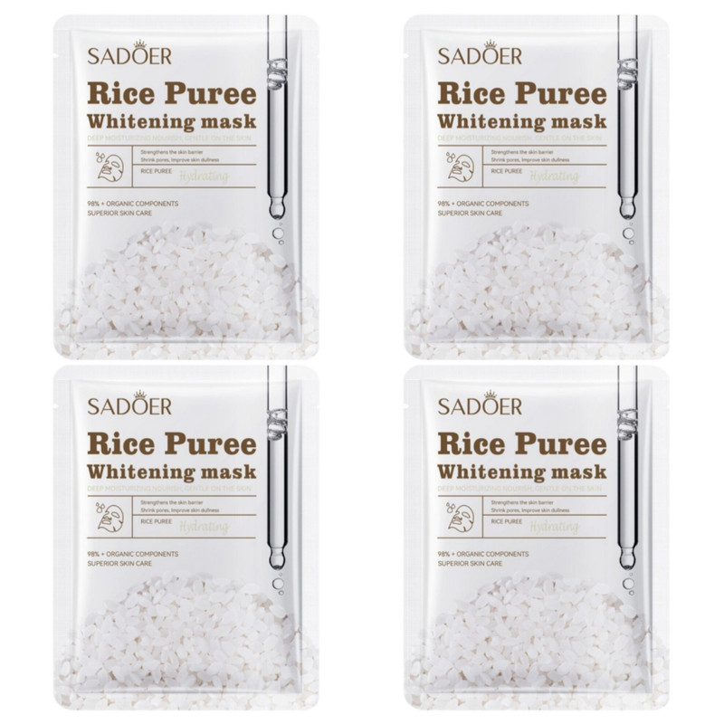 ماسک ورقه‌ای صورت سادور مدل Rice Puree آبرسان، درخشان کننده، کوچک کننده منافذ باز پوست، جوان کننده، لایه‌بردار، روشن کننده، ضد چروک، محکم کننده، نرم‌کننده، مغذی، مرطوب‌کننده، محافظت‌کننده بدون الکل، حاوی ویتامین E و B6، مناسب انواع پوست بسته 4 عددی