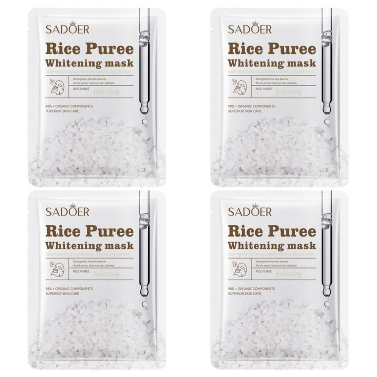 ماسک ورقهای صورت سادور مدل Rice Puree آبرسان، درخشان کننده، کوچک کننده منافذ باز پوست، جوان کننده، لایهبردار، روشن کننده، ضد چروک، محکم کننده، نرمکننده، مغذی، مرطوبکننده، محافظتکننده بدون الکل، حاوی ویتامین E و B6، مناسب انواع پوست بسته 4 عددی