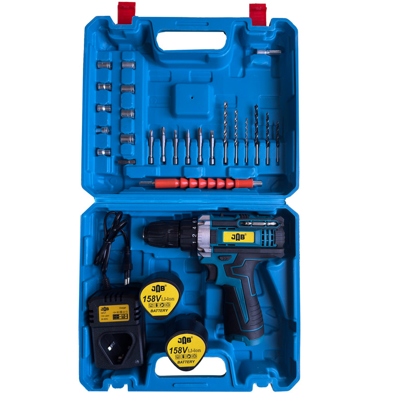 دریل پیچ گوشتی شارژی سه نظام 10 میلیمتری 158 ولت جاب مدل JB-158 NEW POWER مجموعه 42 عددی