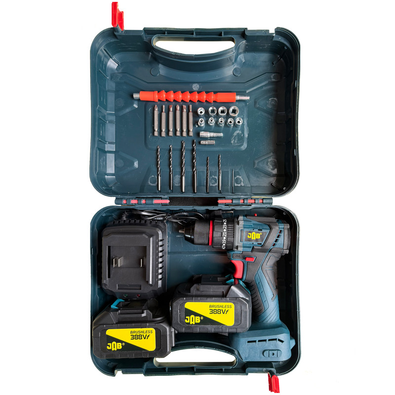 دریل پیچ گوشتی شارژی چکشی سه نظام ۱۰ میلیمتر 388 ولت جاب مدل JB-388 SUPER JAB PRO مجموعه 40 عددی