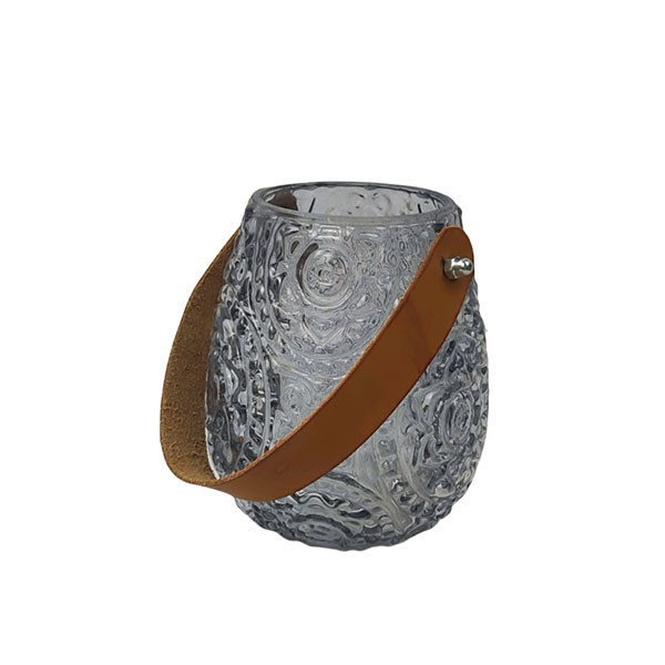گلدان شیشه ای مدل آویز دسته چرمی