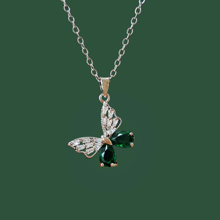 گردنبند دخترانه مدل پروانه ظریف جواهری زمردی کد Art42